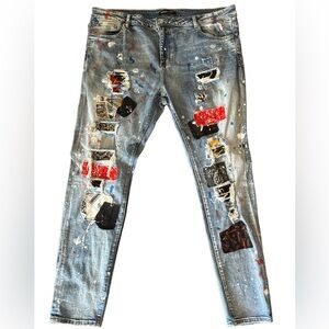 Embellish Rip and Repair Denim Jeans Patchwork Shredded Distressed Blue 44 Mens